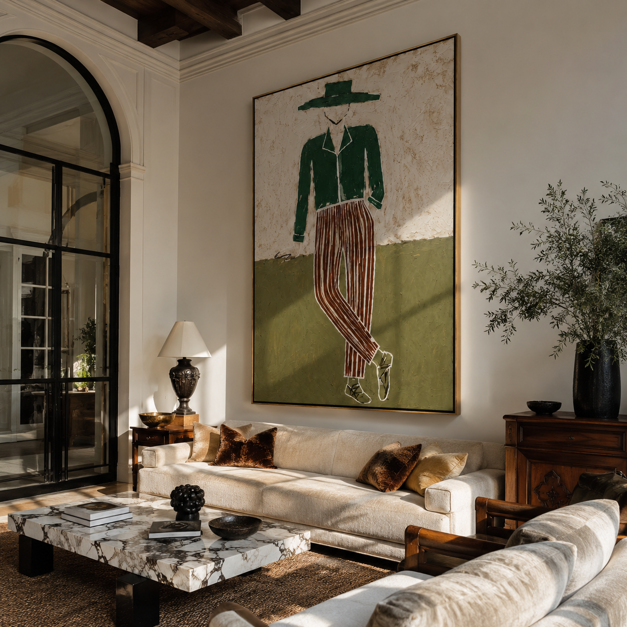 Green Jacket Walks the Plain - Standing Green Jacket Figure painting by Adrian Lee, mid-century modern vertical wall art – styled room scene view 1
