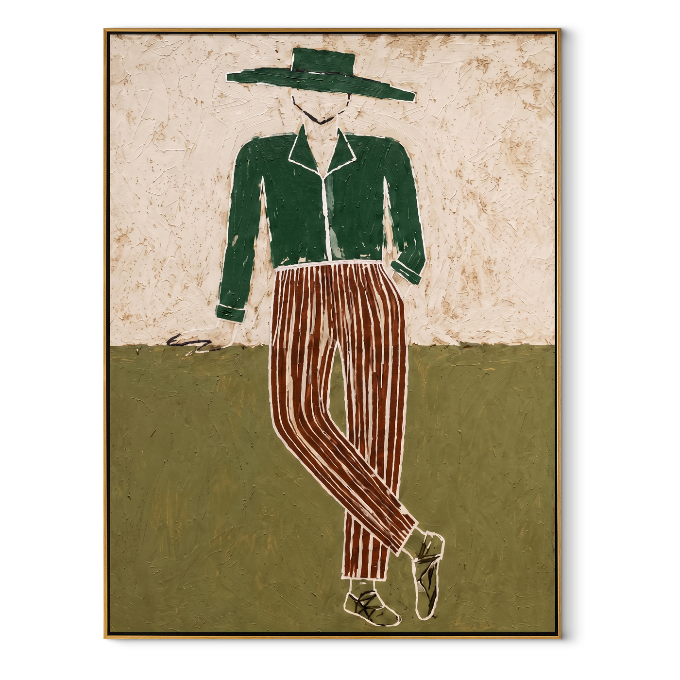 Green Jacket Walks the Plain - Standing Green Jacket Figure painting by Adrian Lee, mid-century modern vertical wall art – wood frame on white background