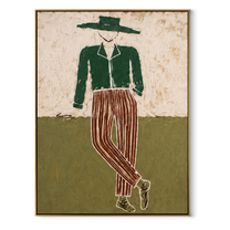 Green Jacket Walks the Plain - Standing Green Jacket Figure painting by Adrian Lee, mid-century modern vertical wall art – wood frame on white background
