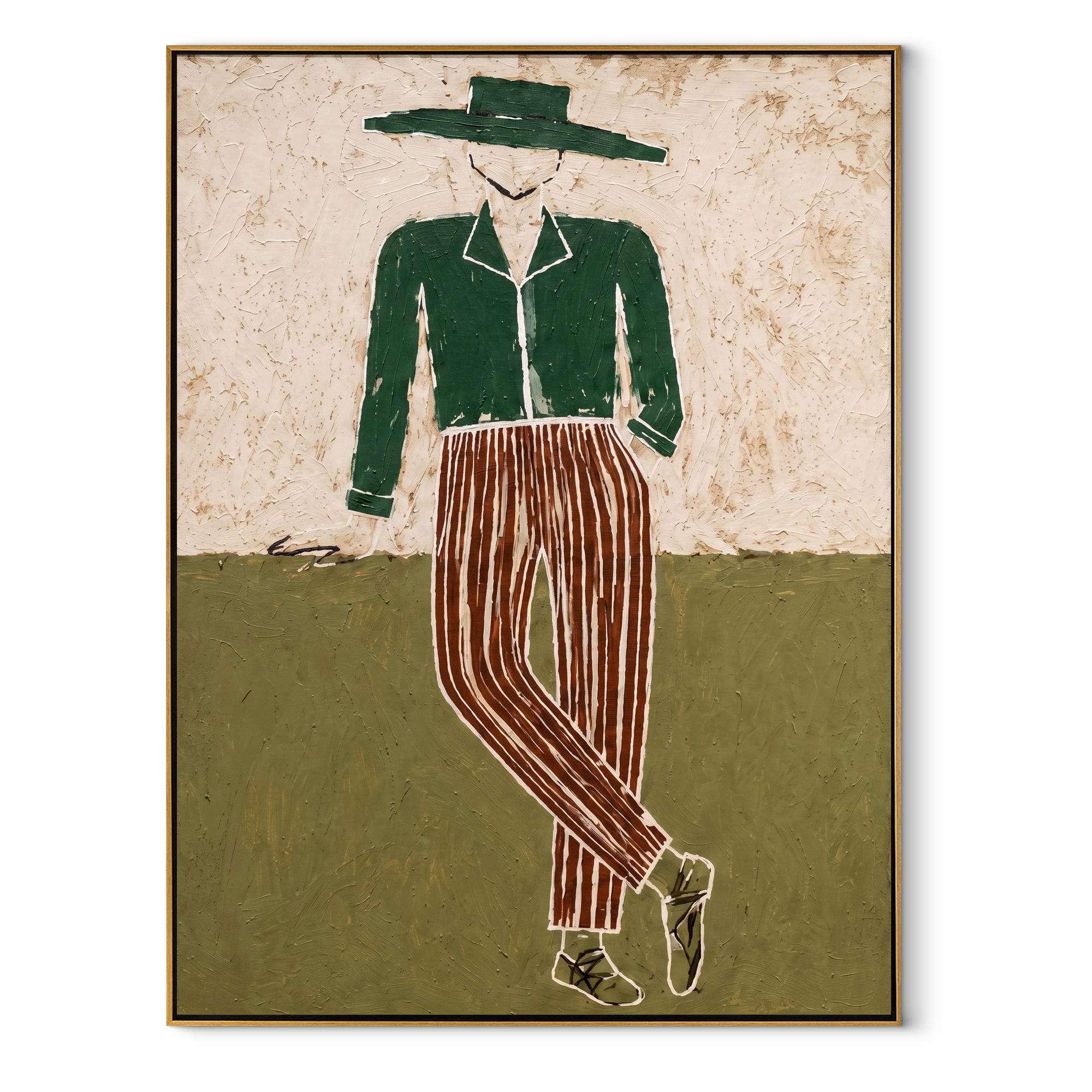 Green Jacket Walks the Plain - Standing Green Jacket Figure painting by Adrian Lee, mid-century modern vertical wall art – wood frame on white background