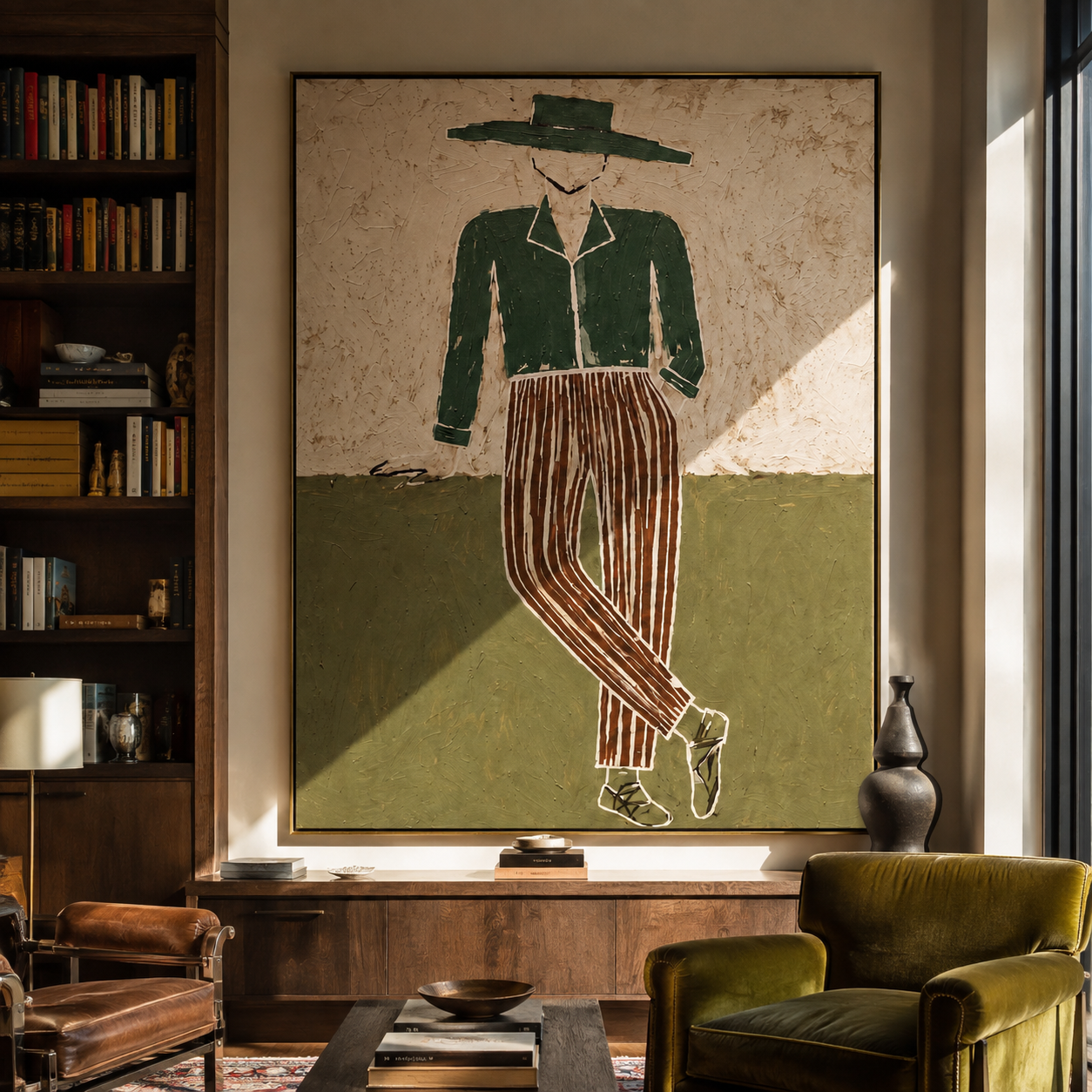 Green Jacket Walks the Plain - Standing Green Jacket Figure painting by Adrian Lee, mid-century modern vertical wall art – styled room scene view 2