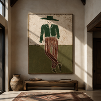 Green Jacket Walks the Plain - Standing Green Jacket Figure painting by Adrian Lee, mid-century modern vertical wall art – styled room scene view 3