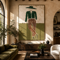Green Jacket Walks the Plain - Standing Green Jacket Figure painting by Adrian Lee, mid-century modern vertical wall art – styled room scene view 4