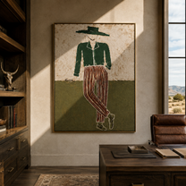 Green Jacket Walks the Plain - Standing Green Jacket Figure painting by Adrian Lee, mid-century modern vertical wall art – styled room scene view 5