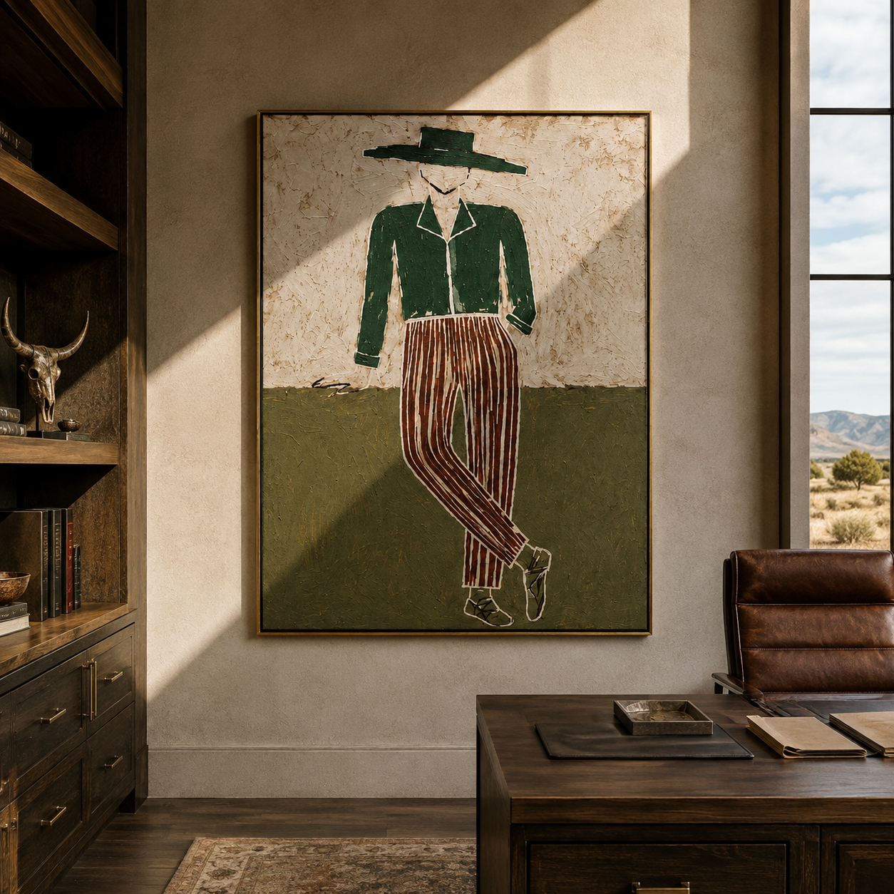 Green Jacket Walks the Plain - Standing Green Jacket Figure painting by Adrian Lee, mid-century modern vertical wall art – styled room scene view 5