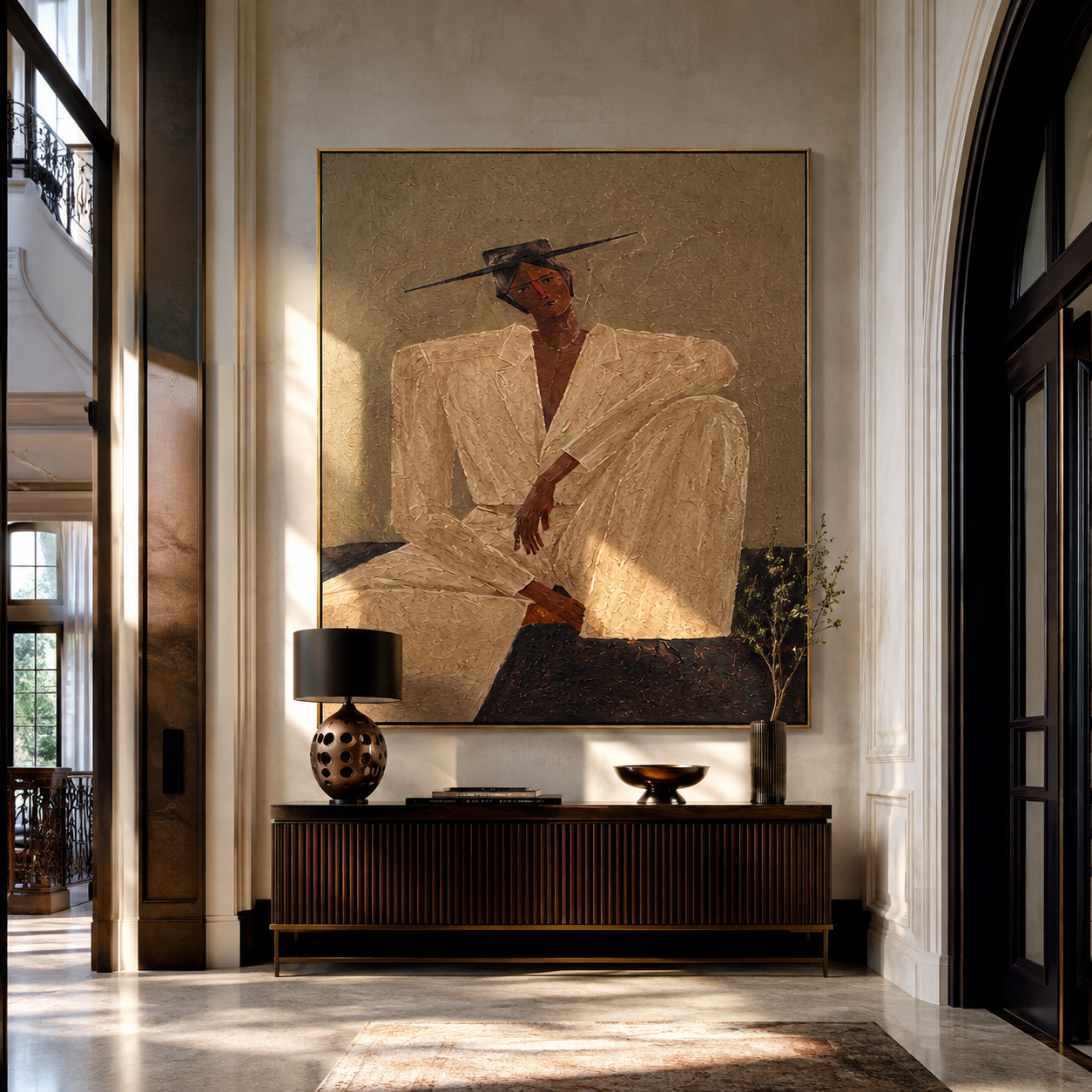Ivory Angles Rest in Sand - Seated Ivory Suit Figure painting by Adrian Lee, mid-century modern vertical wall art – styled room scene view 1