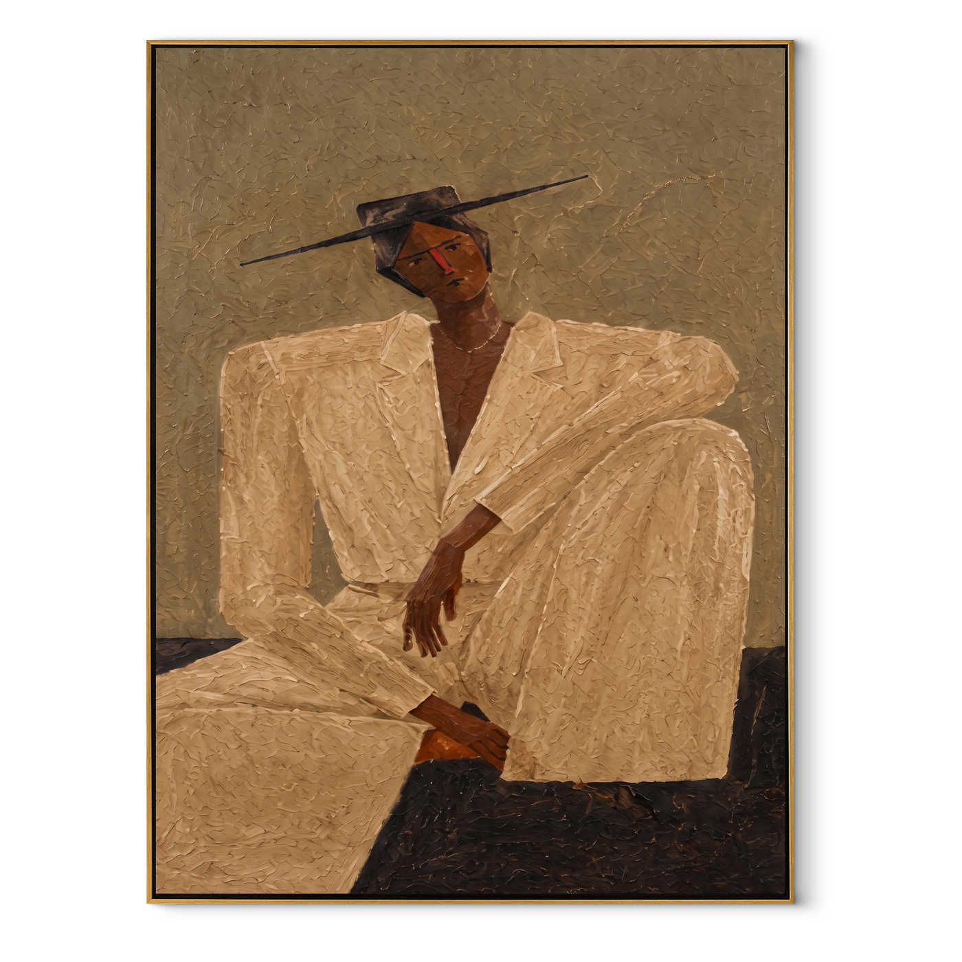 Ivory Angles Rest in Sand - Seated Ivory Suit Figure painting by Adrian Lee, mid-century modern vertical wall art – wood frame on white background