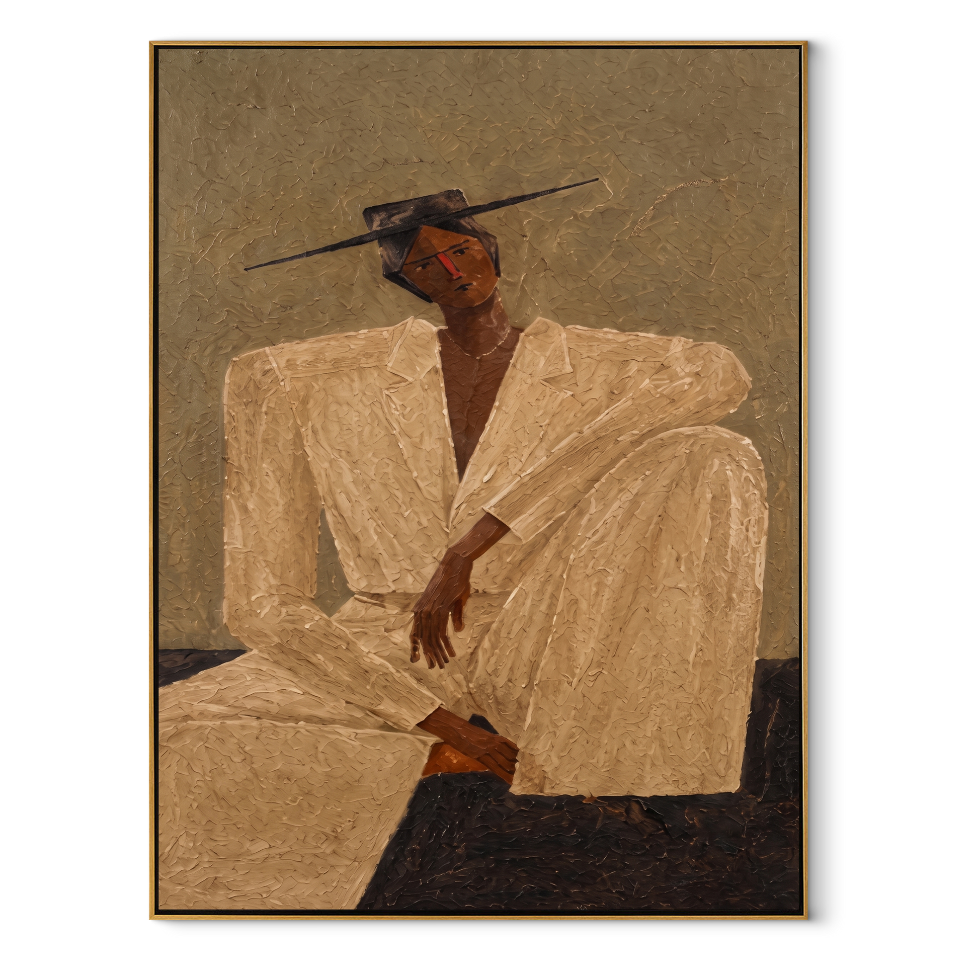 Ivory Angles Rest in Sand - Seated Ivory Suit Figure painting by Adrian Lee, mid-century modern vertical wall art – wood frame on white background