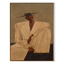 Ivory Angles Rest in Sand - Seated Ivory Suit Figure painting by Adrian Lee, mid-century modern vertical wall art – wood frame on white background
