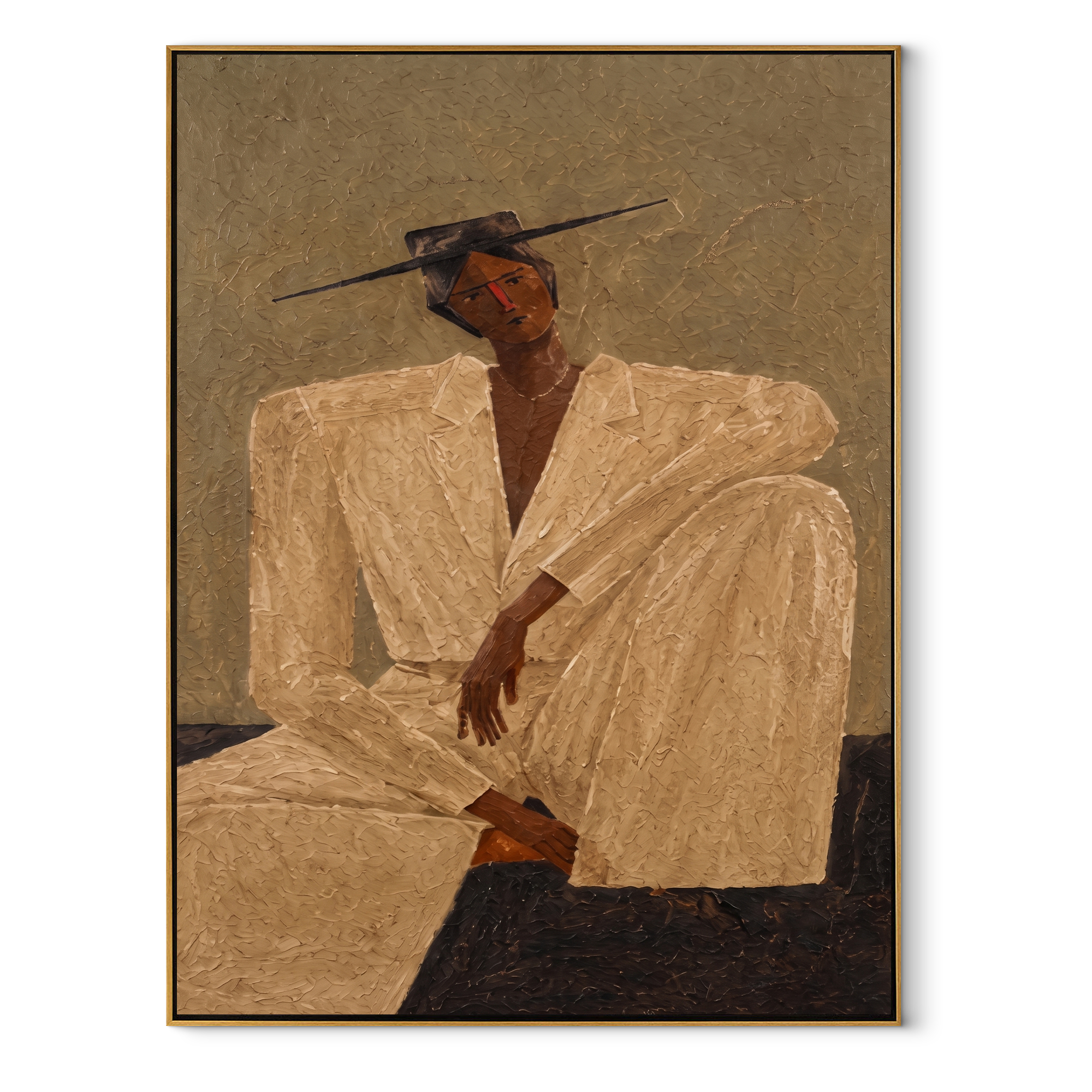 Ivory Angles Rest in Sand - Seated Ivory Suit Figure painting by Adrian Lee, mid-century modern vertical wall art – wood frame on white background