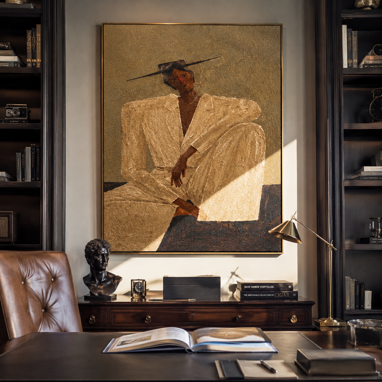 Ivory Angles Rest in Sand - Seated Ivory Suit Figure painting by Adrian Lee, mid-century modern vertical wall art – styled room scene view 2