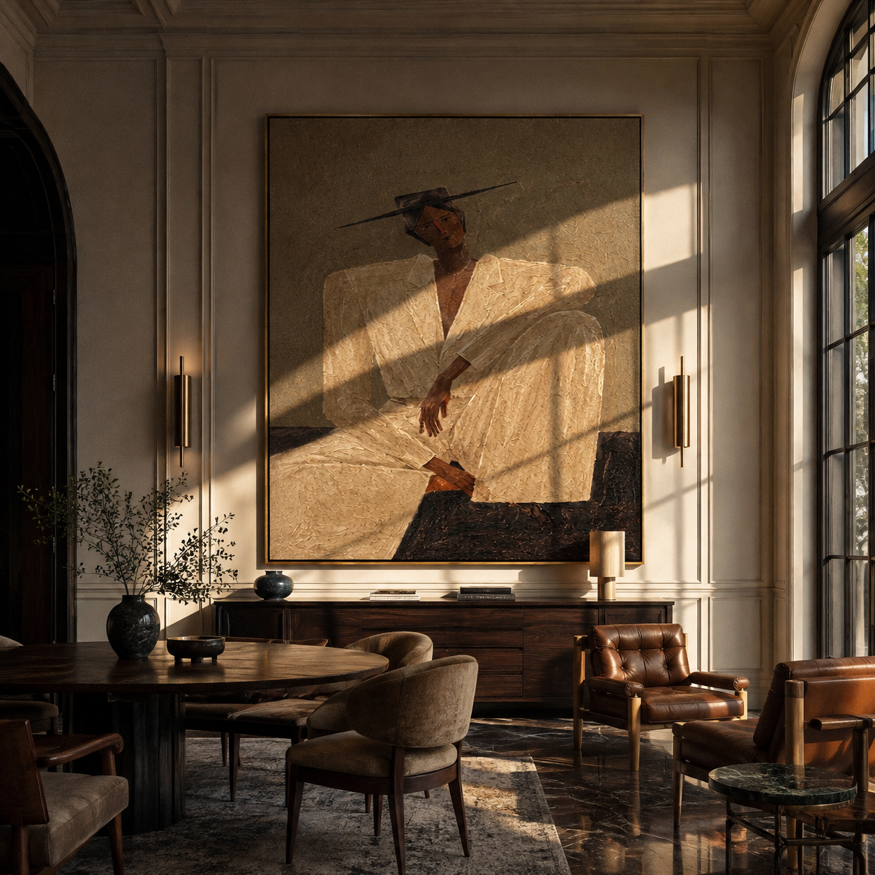 Ivory Angles Rest in Sand - Seated Ivory Suit Figure painting by Adrian Lee, mid-century modern vertical wall art – styled room scene view 3
