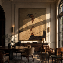 Ivory Angles Rest in Sand - Seated Ivory Suit Figure painting by Adrian Lee, mid-century modern vertical wall art – styled room scene view 3