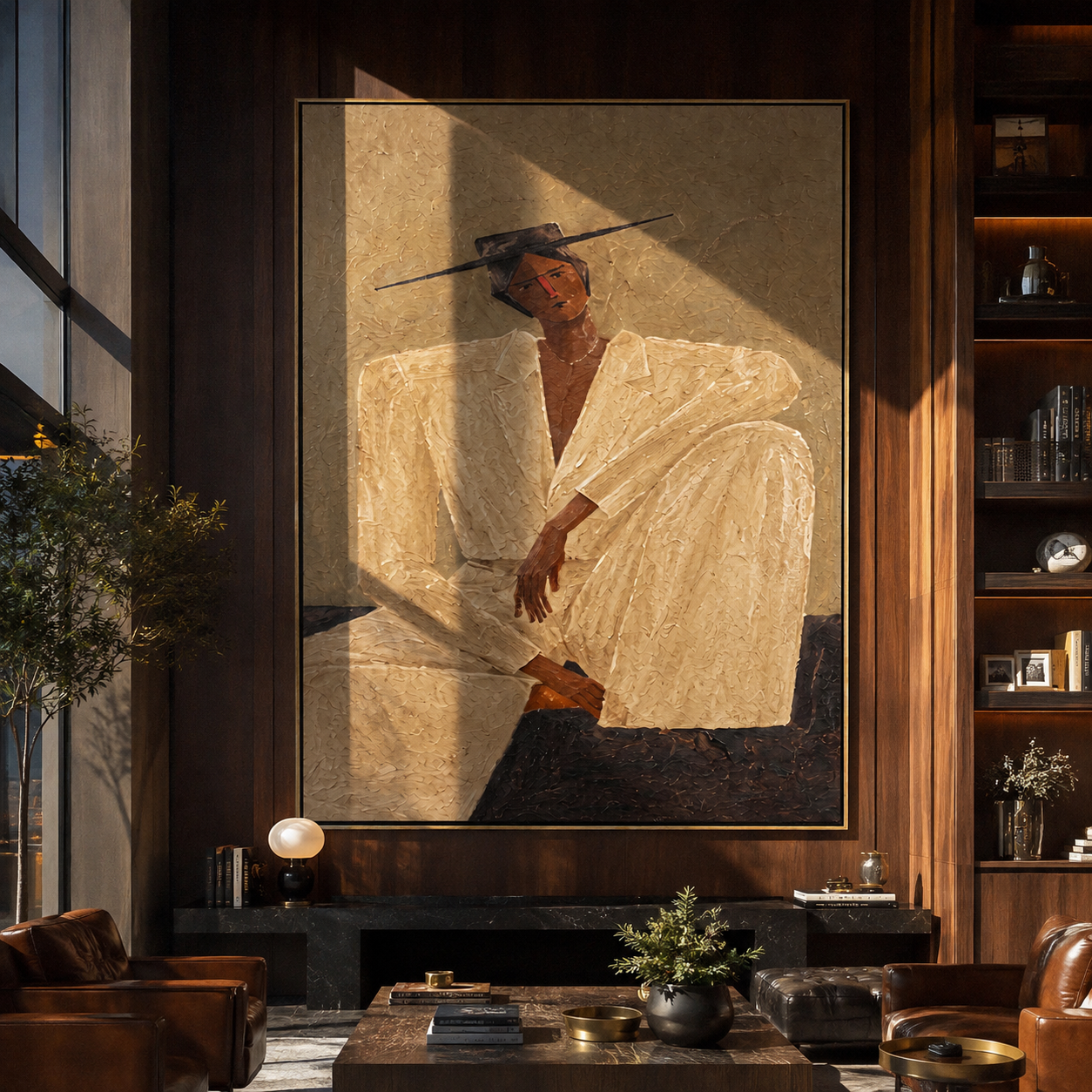 Ivory Angles Rest in Sand - Seated Ivory Suit Figure painting by Adrian Lee, mid-century modern vertical wall art – styled room scene view 5