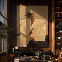 Ivory Angles Rest in Sand - Seated Ivory Suit Figure painting by Adrian Lee, mid-century modern vertical wall art – styled room scene view 5