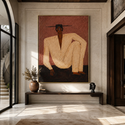Ivory Knee Rises through Rose - Seated Ivory Figure painting by Adrian Lee, mid-century modern vertical wall art – styled room scene view 1