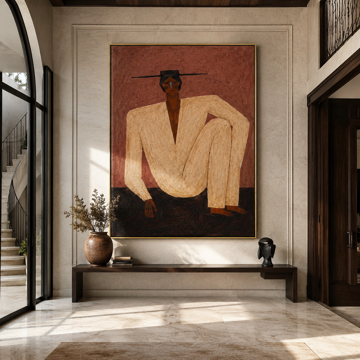 Ivory Knee Rises through Rose - Seated Ivory Figure painting by Adrian Lee, mid-century modern vertical wall art – styled room scene view 1