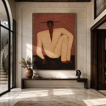 Ivory Knee Rises through Rose - Seated Ivory Figure painting by Adrian Lee, mid-century modern vertical wall art – styled room scene view 1