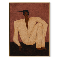 Ivory Knee Rises through Rose - Seated Ivory Figure painting by Adrian Lee, mid-century modern vertical wall art – wood frame on white background