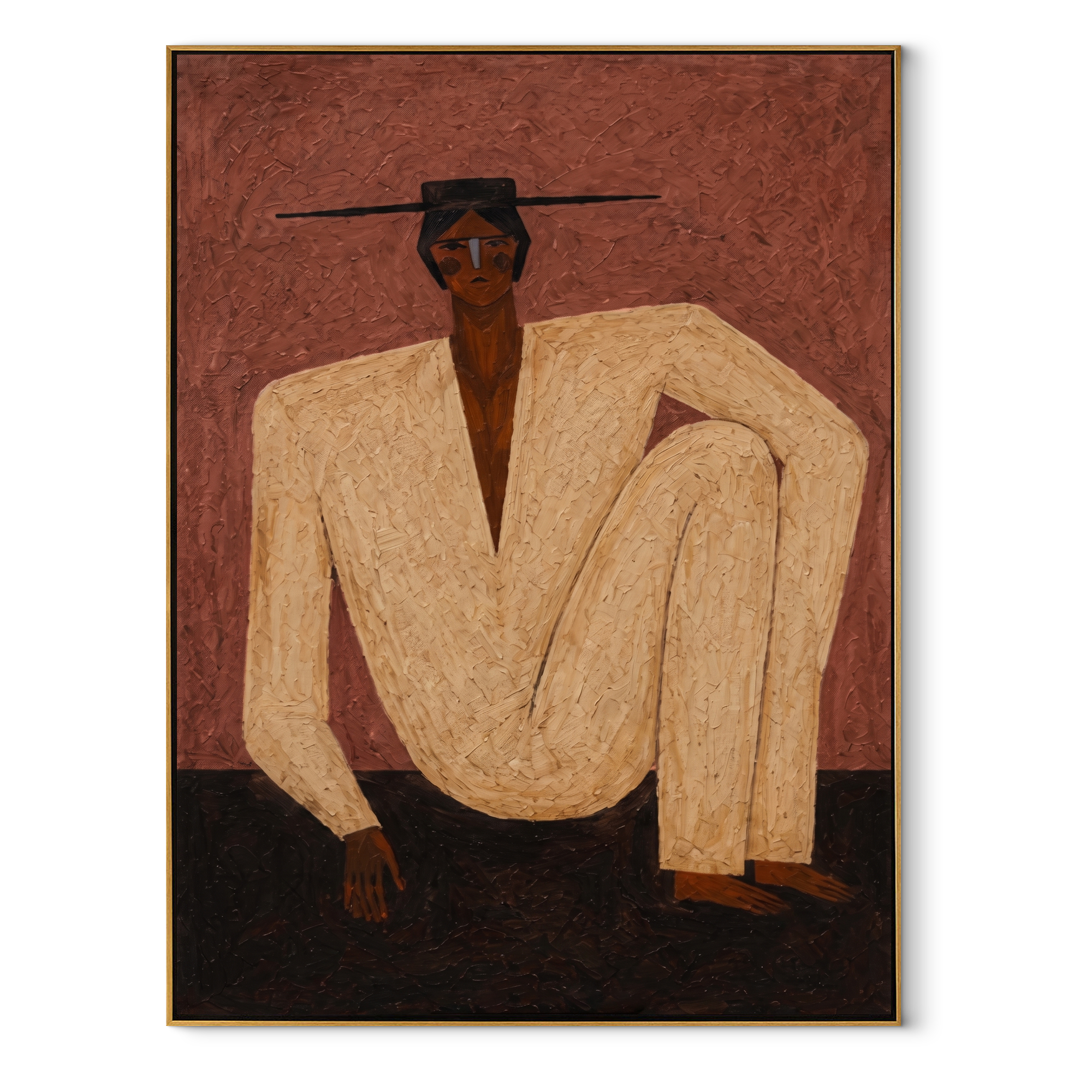 Ivory Knee Rises through Rose - Seated Ivory Figure painting by Adrian Lee, mid-century modern vertical wall art – wood frame on white background