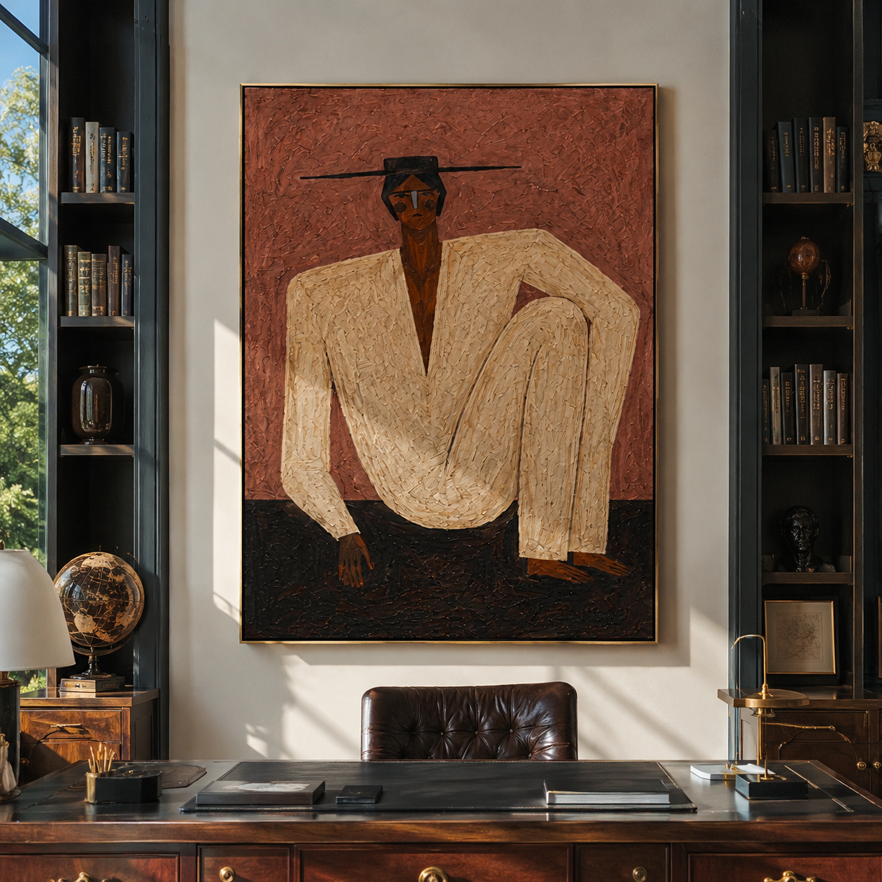 Ivory Knee Rises through Rose - Seated Ivory Figure painting by Adrian Lee, mid-century modern vertical wall art – styled room scene view 2