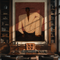 Ivory Knee Rises through Rose - Seated Ivory Figure painting by Adrian Lee, mid-century modern vertical wall art – styled room scene view 3