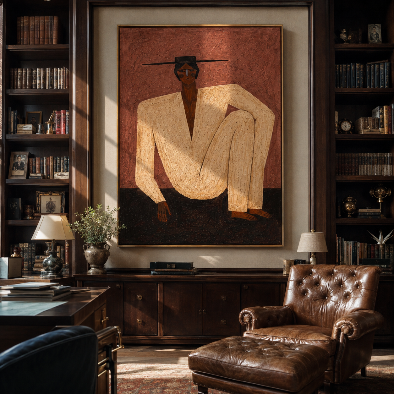 Ivory Knee Rises through Rose - Seated Ivory Figure painting by Adrian Lee, mid-century modern vertical wall art – styled room scene view 4