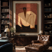 Ivory Knee Rises through Rose - Seated Ivory Figure painting by Adrian Lee, mid-century modern vertical wall art – styled room scene view 4