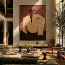 Ivory Knee Rises through Rose - Seated Ivory Figure painting by Adrian Lee, mid-century modern vertical wall art – styled room scene view 5