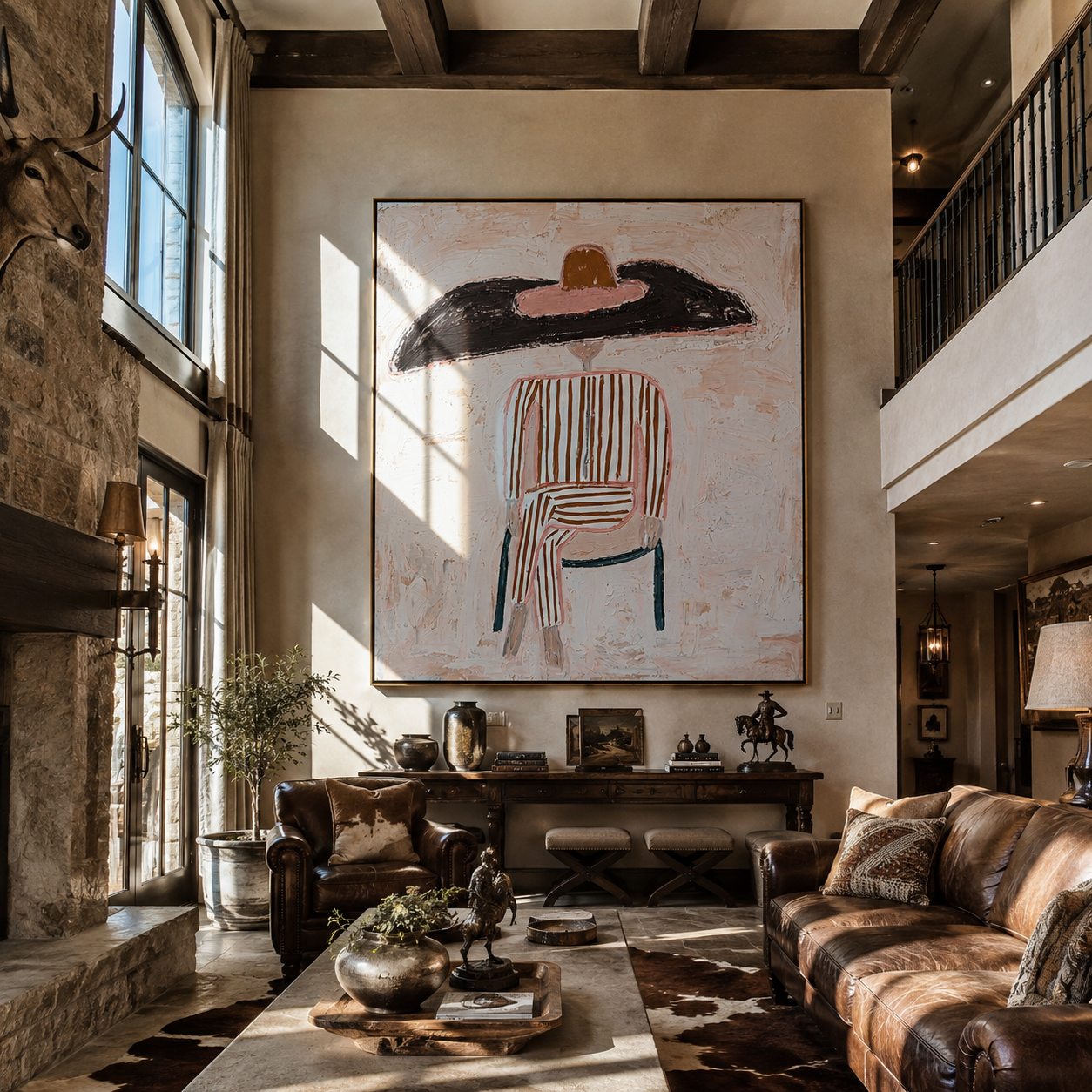 Black Brim Sits on White Lines - Chairbound Stripe Hat Figure painting by Adrian Lee, mid-century modern square wall art – styled room scene view 1