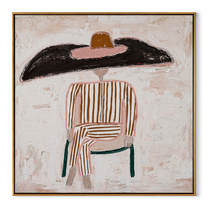 Black Brim Sits on White Lines - Chairbound Stripe Hat Figure painting by Adrian Lee, mid-century modern square wall art – wood frame on white background