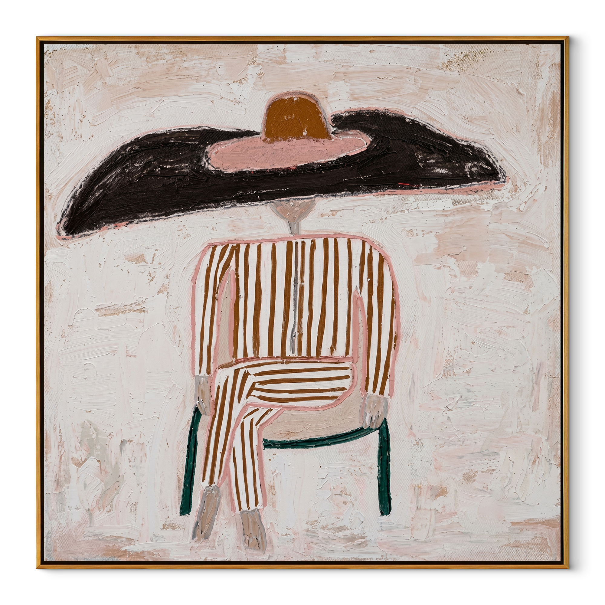 Black Brim Sits on White Lines - Chairbound Stripe Hat Figure painting by Adrian Lee, mid-century modern square wall art – wood frame on white background