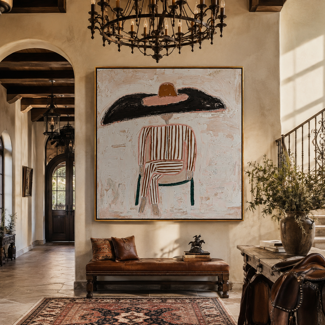 Black Brim Sits on White Lines - Chairbound Stripe Hat Figure painting by Adrian Lee, mid-century modern square wall art – styled room scene view 2