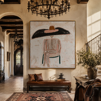 Black Brim Sits on White Lines - Chairbound Stripe Hat Figure painting by Adrian Lee, mid-century modern square wall art – styled room scene view 2