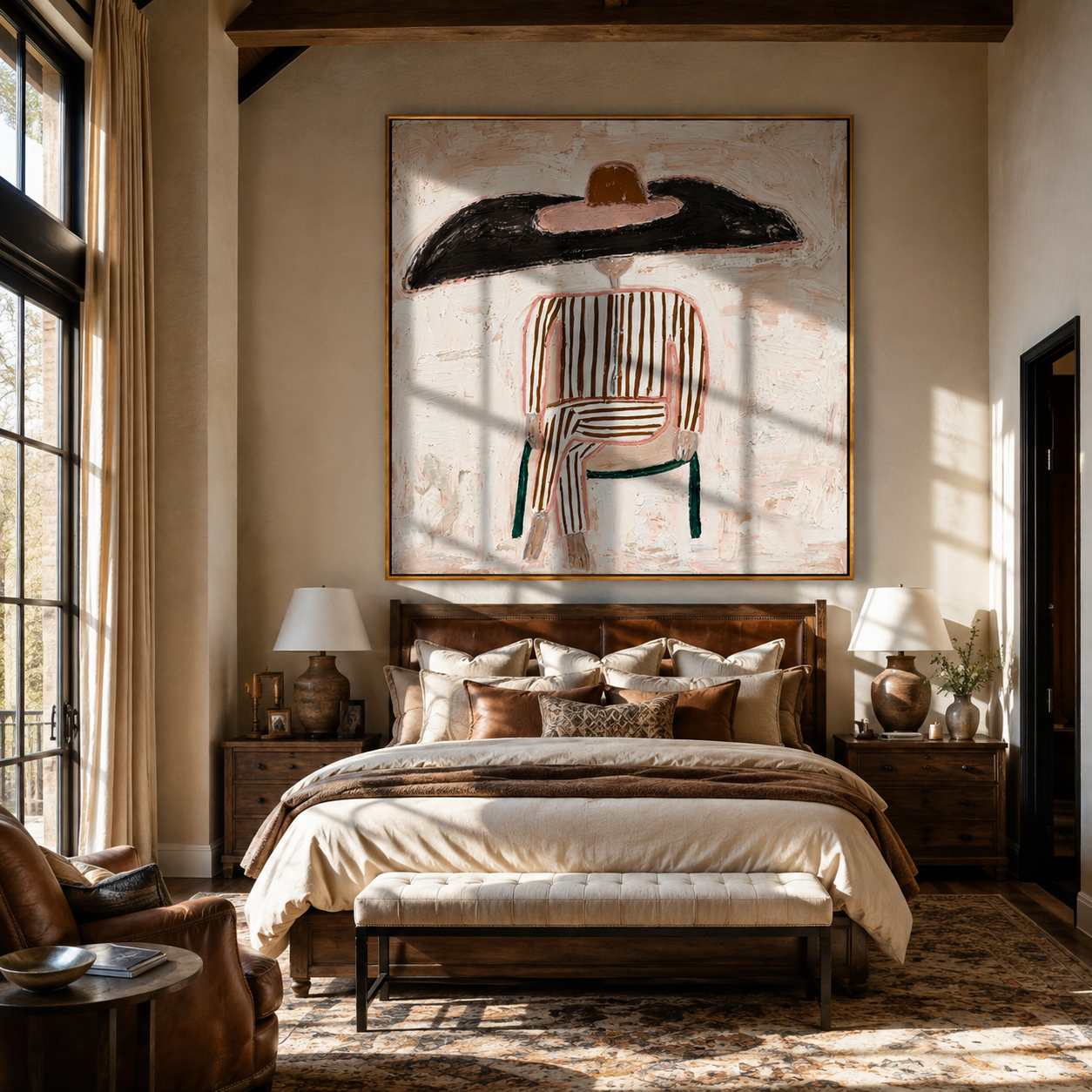 Black Brim Sits on White Lines - Chairbound Stripe Hat Figure painting by Adrian Lee, mid-century modern square wall art – styled room scene view 3