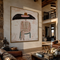 Black Brim Sits on White Lines - Chairbound Stripe Hat Figure painting by Adrian Lee, mid-century modern square wall art – styled room scene view 5