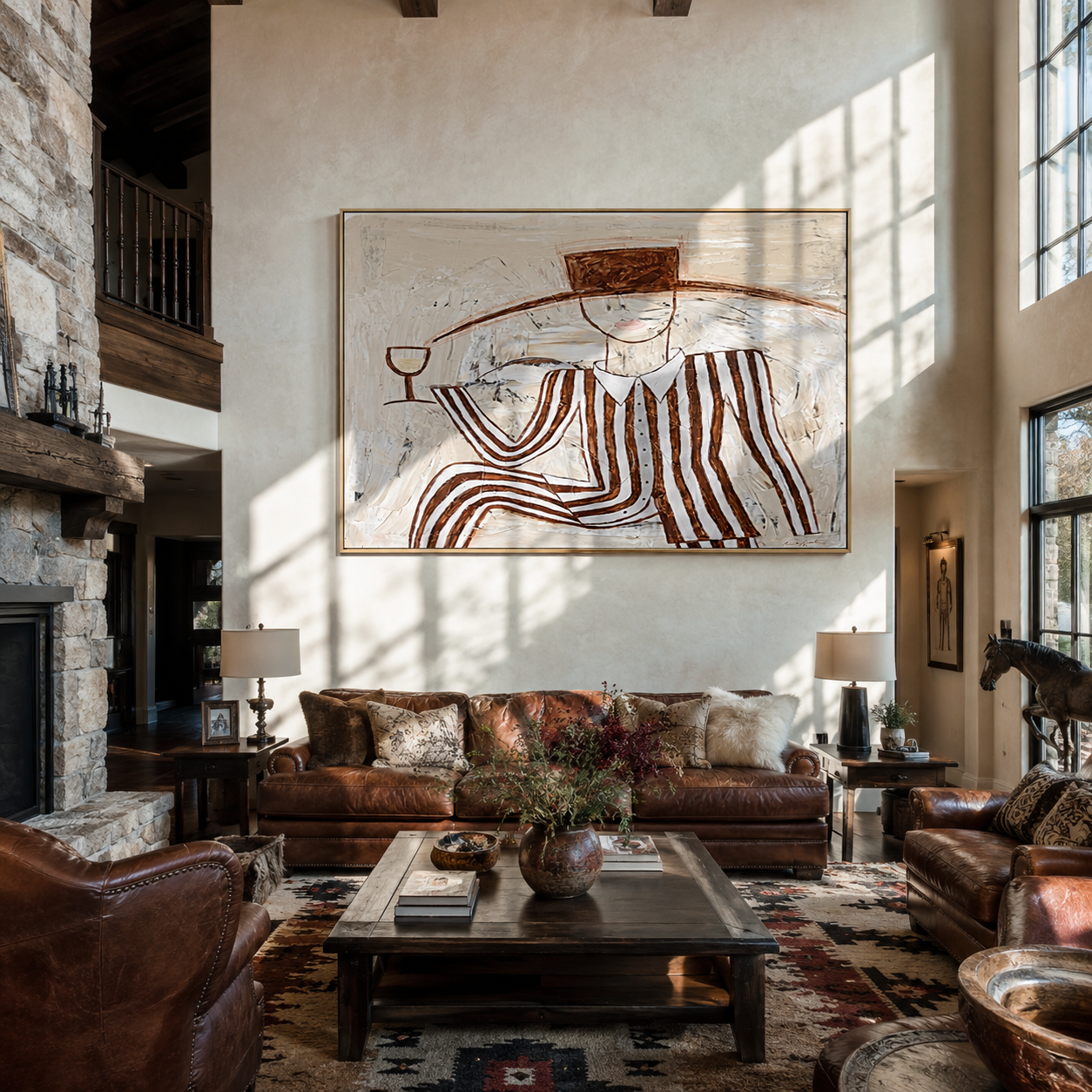 Brown Stripes Recline with Wine - Reclining Wine Figure painting by Adrian Lee, mid-century modern horizontal wall art – styled room scene view 1