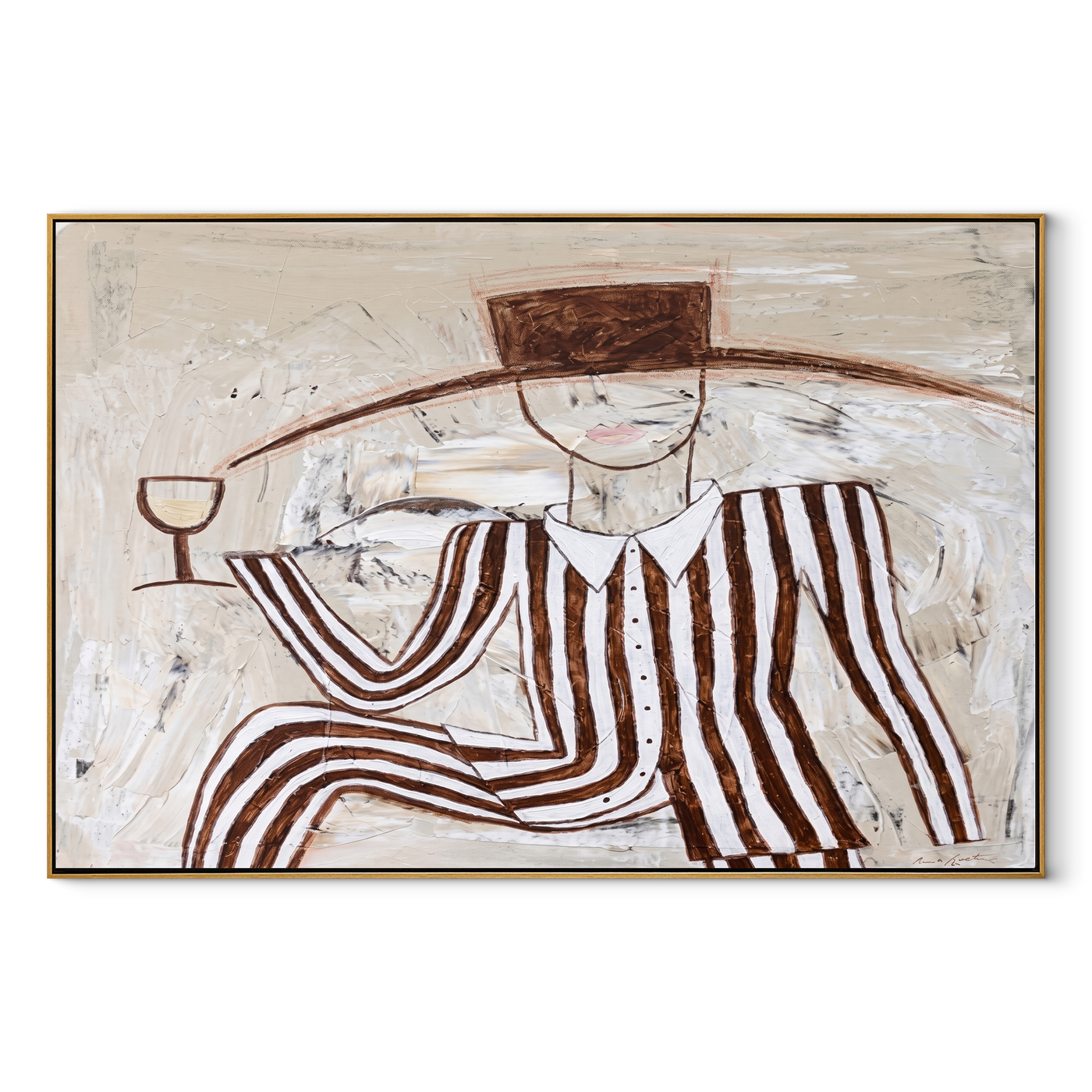 Brown Stripes Recline with Wine - Reclining Wine Figure painting by Adrian Lee, mid-century modern horizontal wall art – wood frame on white background