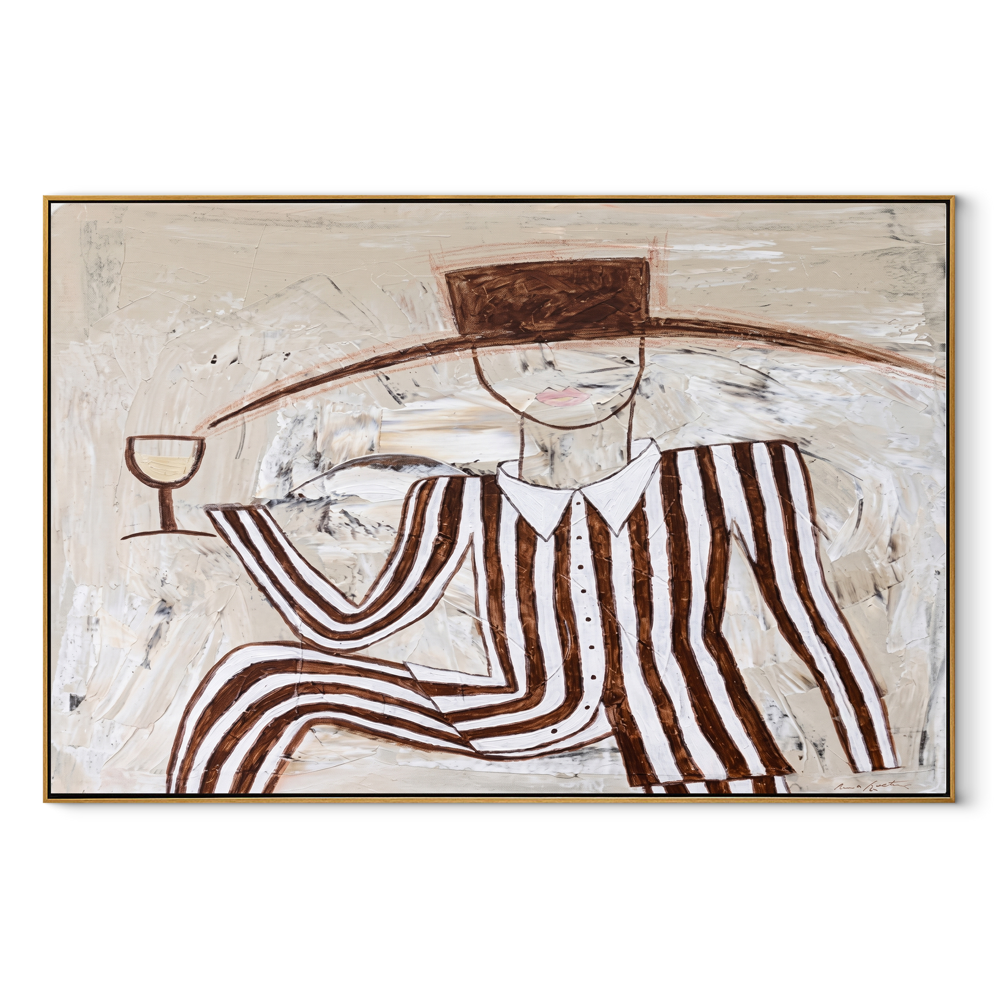 Brown Stripes Recline with Wine - Reclining Wine Figure painting by Adrian Lee, mid-century modern horizontal wall art – wood frame on white background