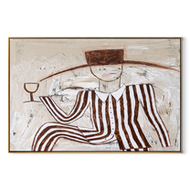 Brown Stripes Recline with Wine - Reclining Wine Figure painting by Adrian Lee, mid-century modern horizontal wall art – wood frame on white background