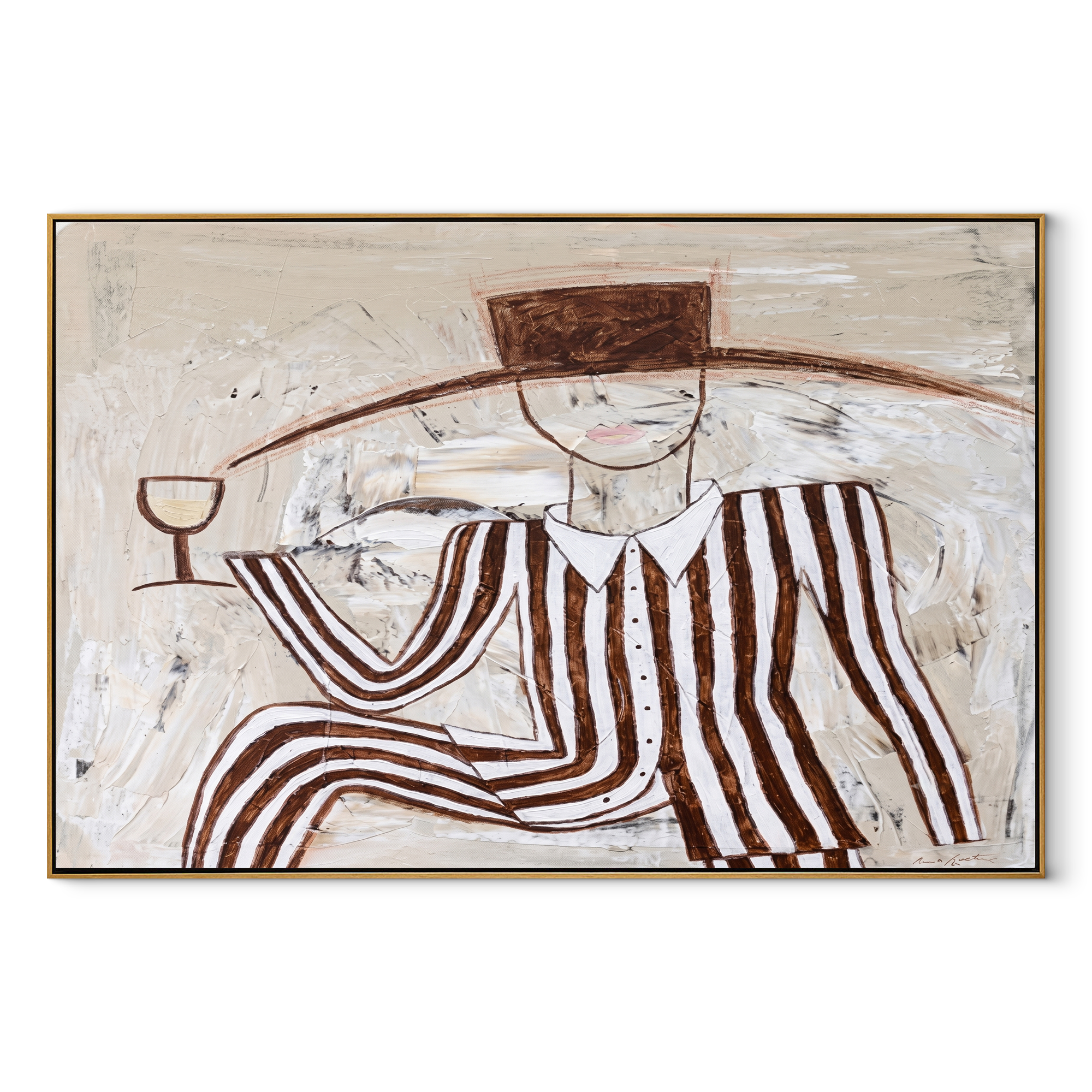 Brown Stripes Recline with Wine - Reclining Wine Figure painting by Adrian Lee, mid-century modern horizontal wall art – wood frame on white background