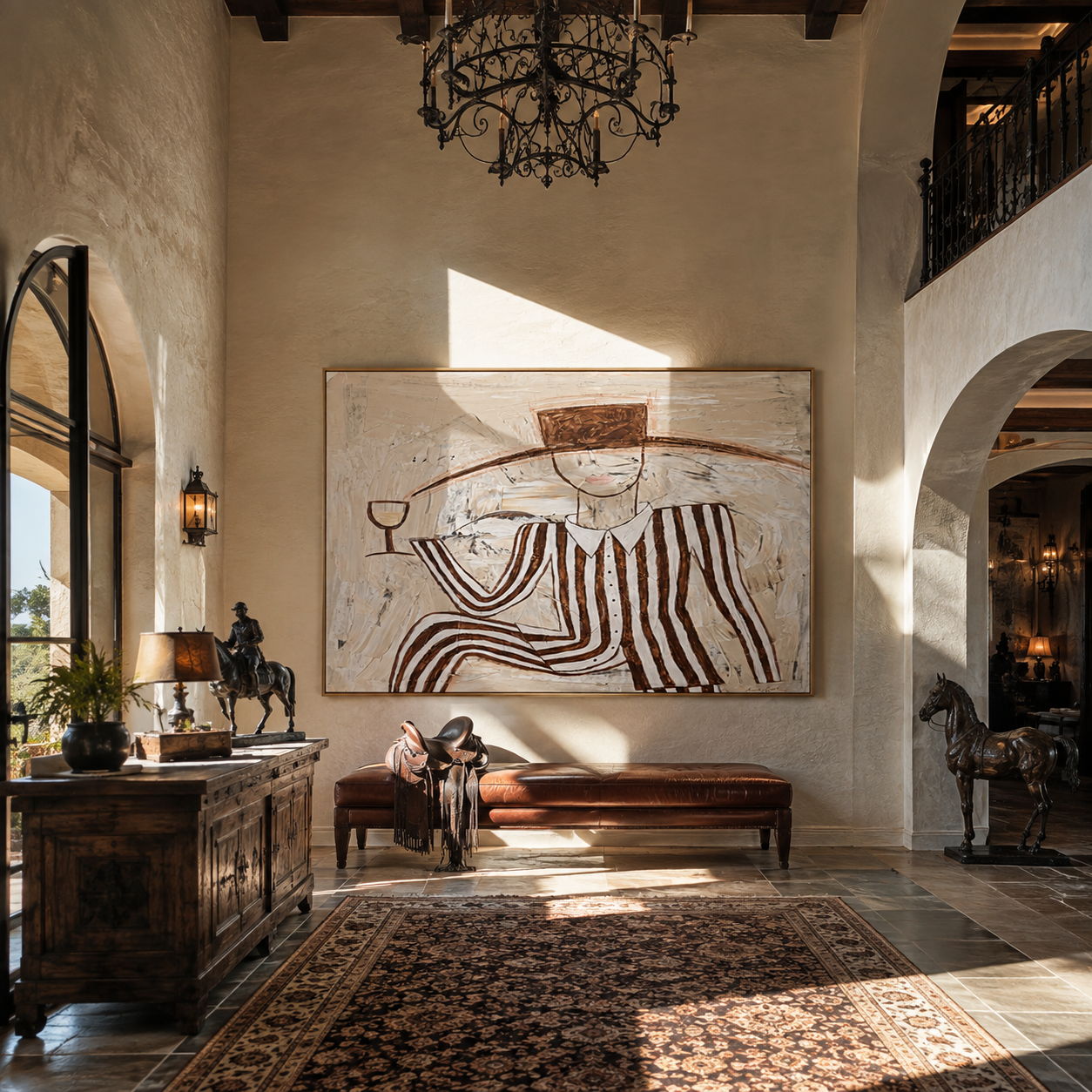 Brown Stripes Recline with Wine - Reclining Wine Figure painting by Adrian Lee, mid-century modern horizontal wall art – styled room scene view 2