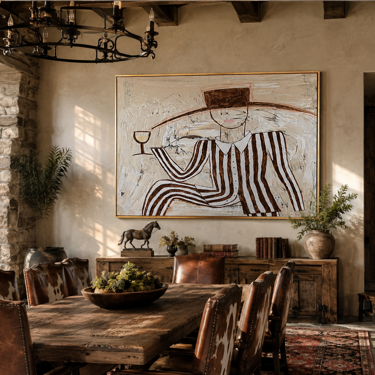 Brown Stripes Recline with Wine - Reclining Wine Figure painting by Adrian Lee, mid-century modern horizontal wall art – styled room scene view 3