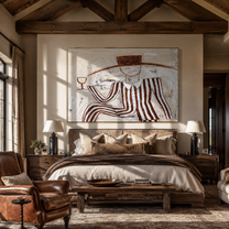 Brown Stripes Recline with Wine - Reclining Wine Figure painting by Adrian Lee, mid-century modern horizontal wall art – styled room scene view 4
