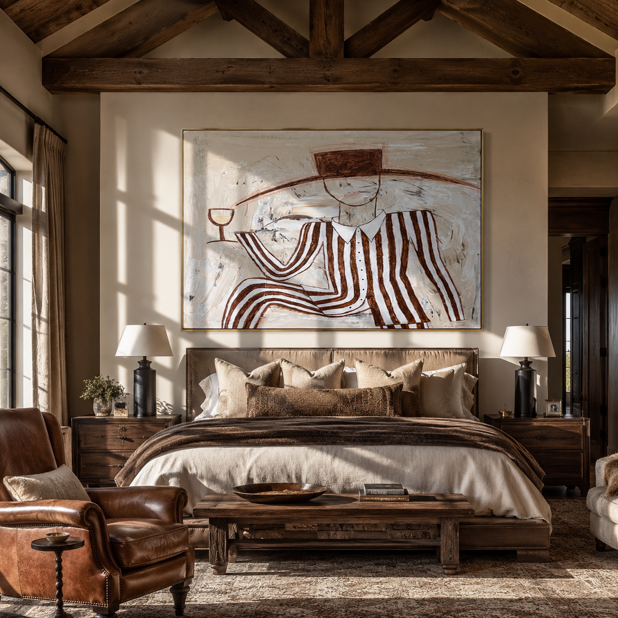 Brown Stripes Recline with Wine - Reclining Wine Figure painting by Adrian Lee, mid-century modern horizontal wall art – styled room scene view 4