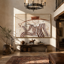 Brown Stripes Recline with Wine - Reclining Wine Figure painting by Adrian Lee, mid-century modern horizontal wall art – styled room scene view 5