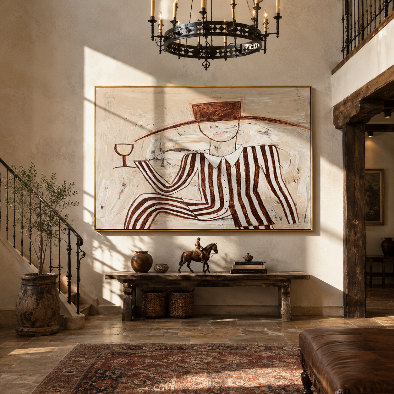 Brown Stripes Recline with Wine - Reclining Wine Figure painting by Adrian Lee, mid-century modern horizontal wall art – styled room scene view 5