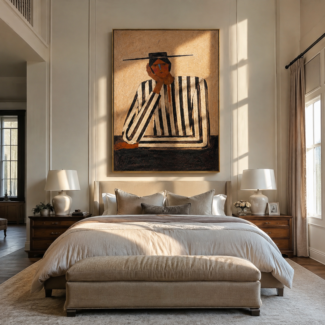 Black Lines Hold a Thought - Contemplative Stripe Figure painting by Adrian Lee, mid-century modern vertical wall art – styled room scene view 1