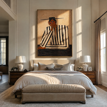 Black Lines Hold a Thought - Contemplative Stripe Figure painting by Adrian Lee, mid-century modern vertical wall art – styled room scene view 1