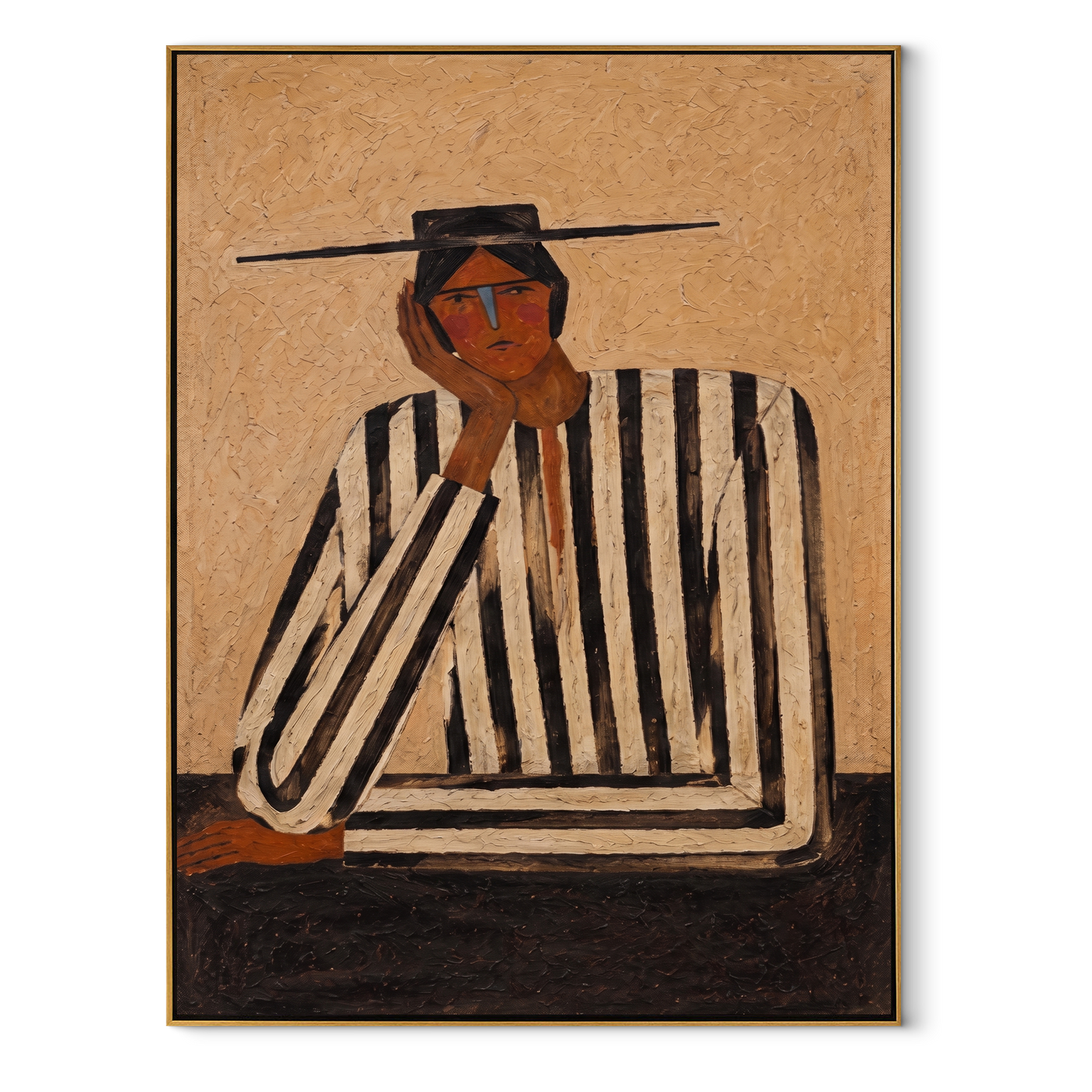 Black Lines Hold a Thought - Contemplative Stripe Figure painting by Adrian Lee, mid-century modern vertical wall art – wood frame on white background